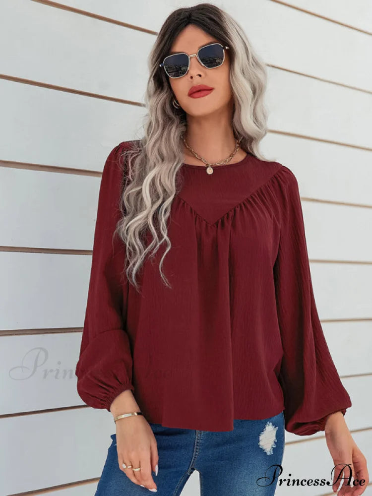 casual pullover long neck color with sleeves loose solid Women’s round shirt Wine Red / S