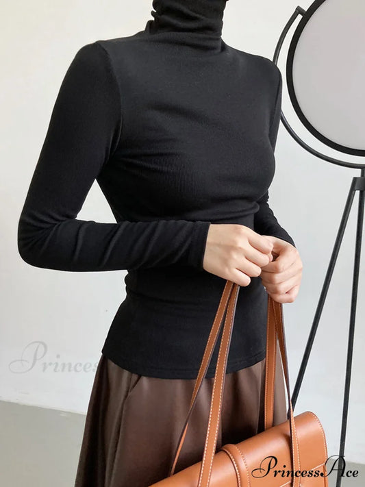 Casual Ribbed Graceful Turtleneck Shirt Black / XS
