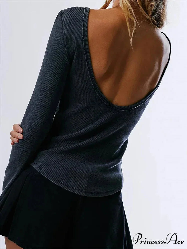 Casual Ribbed Long Sleeve Solid Slim Fit Backless T-Shirts
