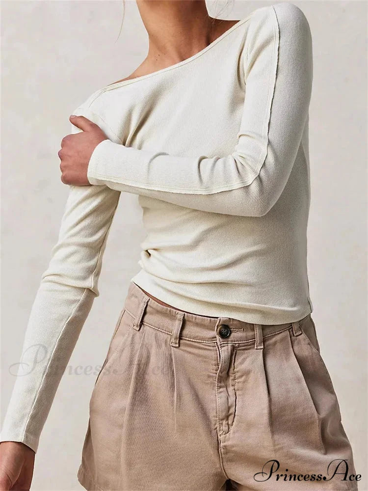 Casual Ribbed Long Sleeve Solid Slim Fit Backless T-Shirts WHITE / S