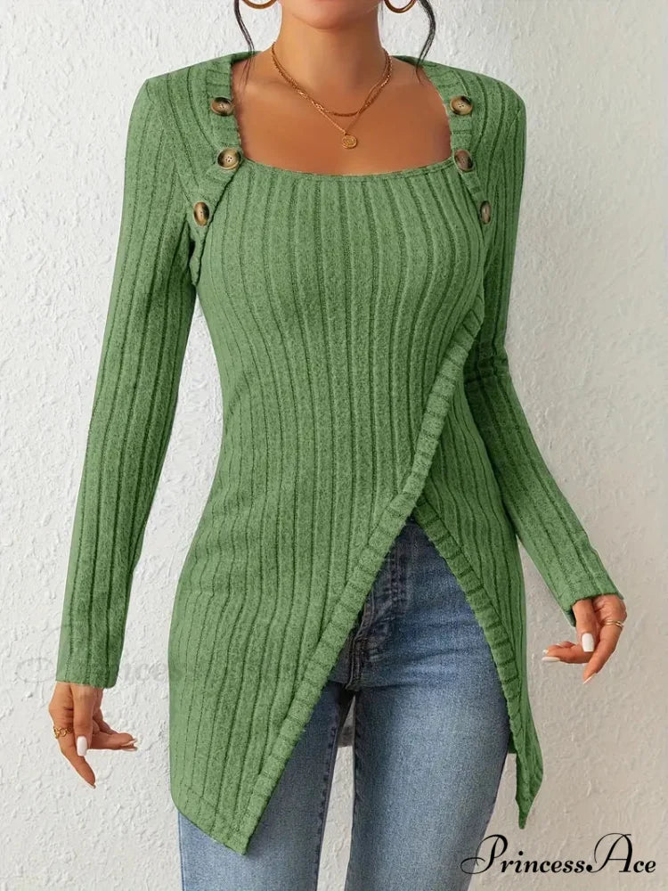 Casual Ribbed Long Sleeve Top Dress with Asymmetrical Hem M / Black