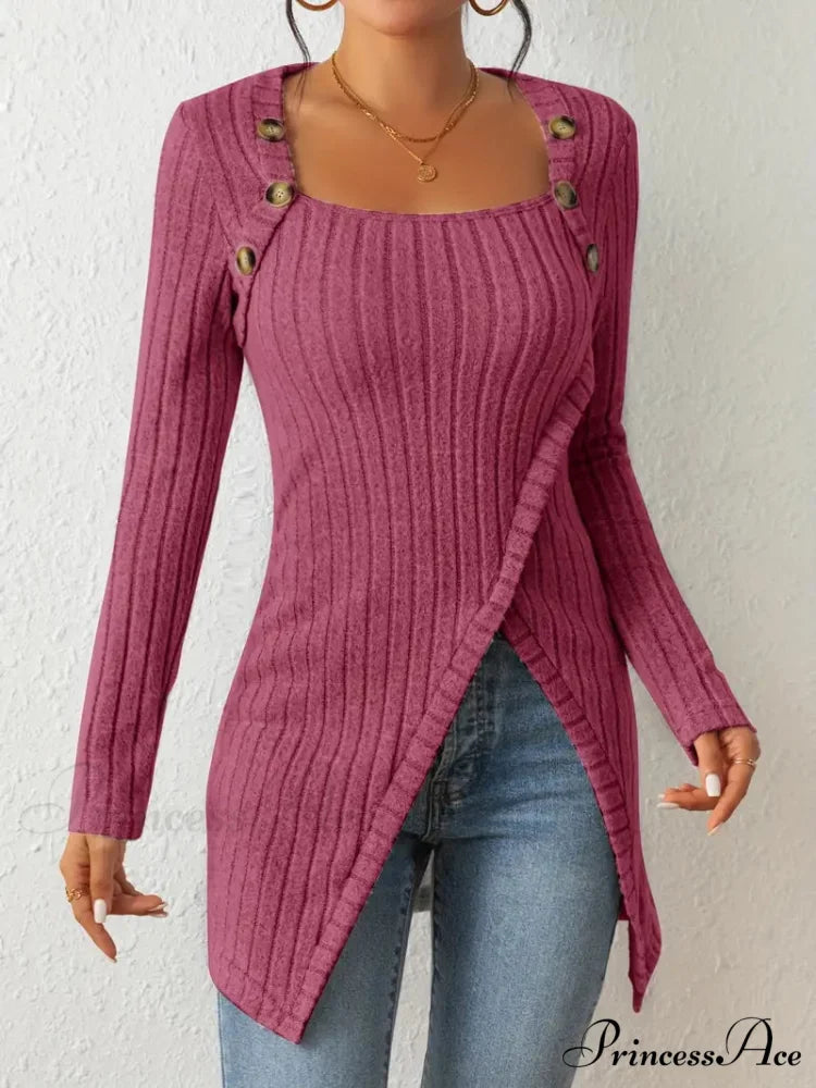 Casual Ribbed Long Sleeve Top Dress with Asymmetrical Hem M / Green
