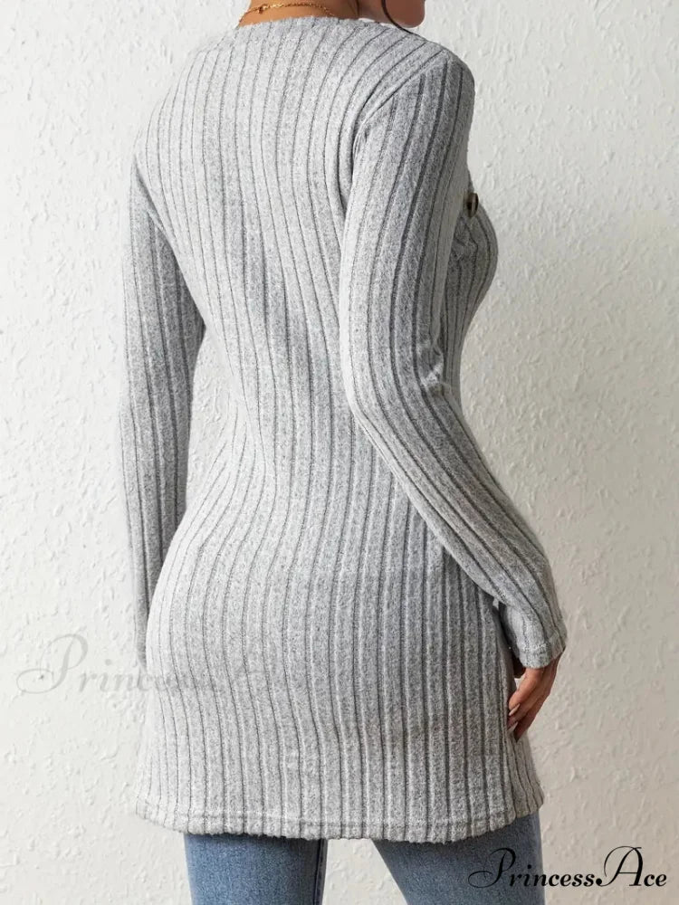 Casual Ribbed Long Sleeve Top Dress with Asymmetrical Hem M / Steel Blue