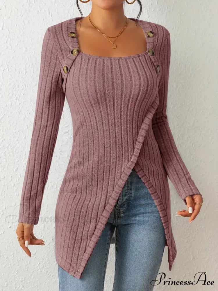 Casual Ribbed Long Sleeve Top Dress with Asymmetrical Hem S / Apricot