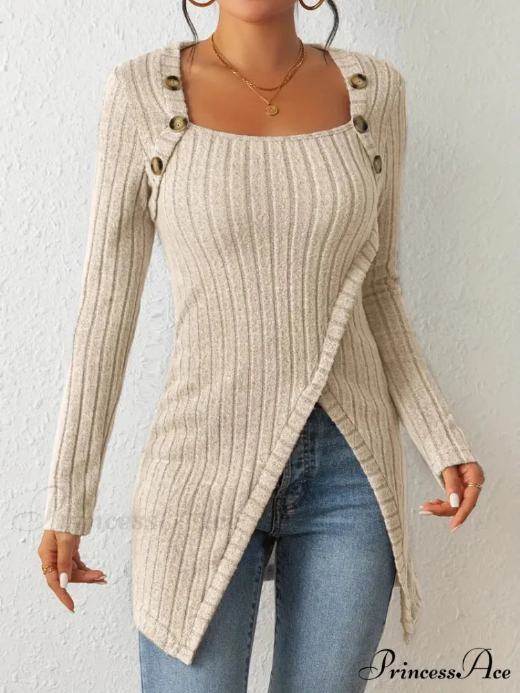 Casual Ribbed Long Sleeve Top Dress with Asymmetrical Hem S / Black