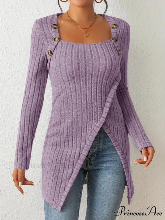 Casual Ribbed Long Sleeve Top Dress with Asymmetrical Hem S / Green