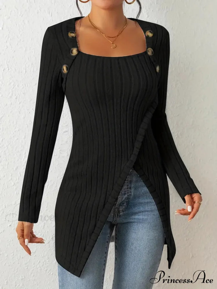 Casual Ribbed Long Sleeve Top Dress with Asymmetrical Hem S / Navy
