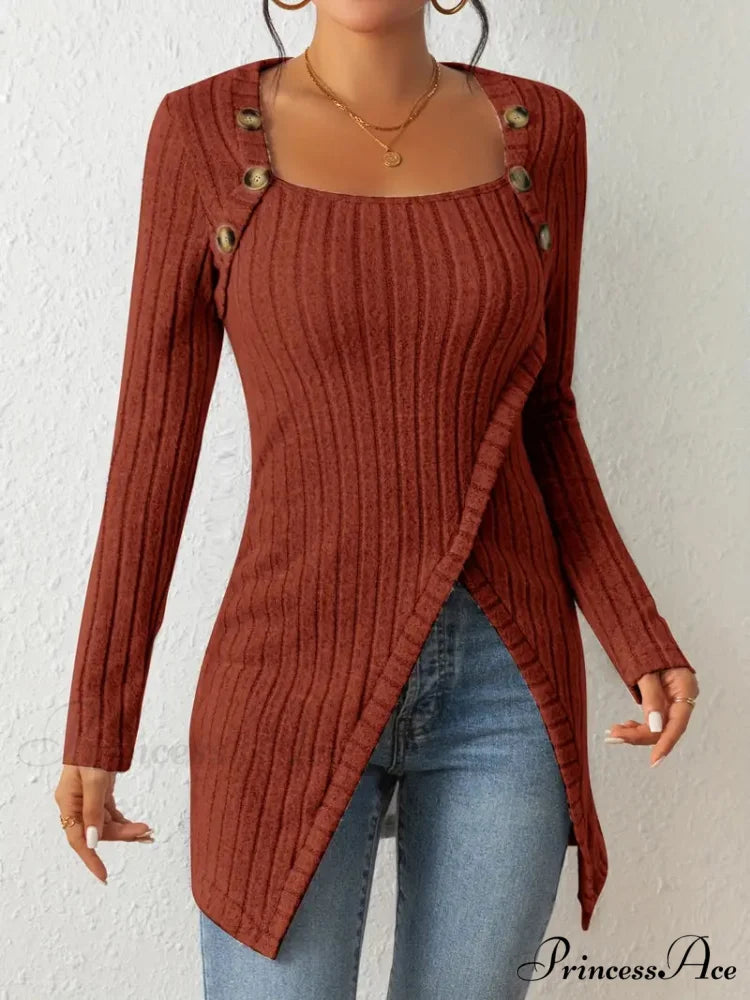 Casual Ribbed Long Sleeve Top Dress with Asymmetrical Hem S / Purple