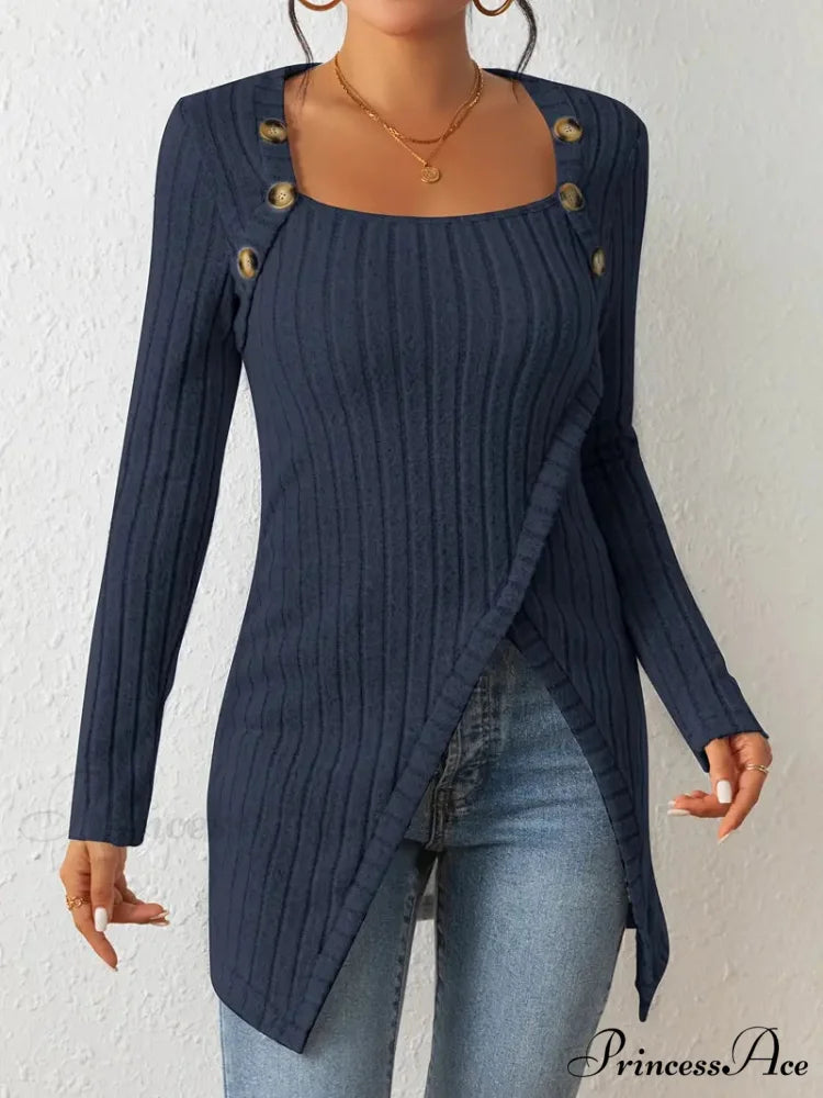 Casual Ribbed Long Sleeve Top Dress with Asymmetrical Hem S / Silver Gray