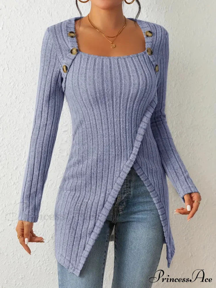 Casual Ribbed Long Sleeve Top Dress with Asymmetrical Hem S / Steel Blue