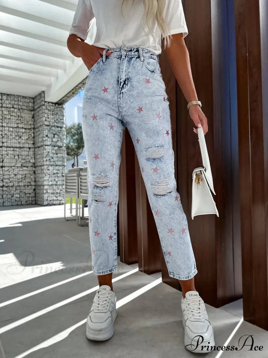 Casual Ripped Hole Women High Waist Fashion Denim 2024 Elegant Star Printed Streetwear Long Jean Blue / S