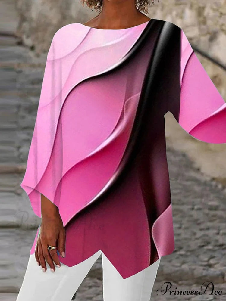 Casual Round Design Women’s Blouse Abstract Blouse Asymmetric Graphic Yellow Long Neck - Arm Basic Pink Purple Pink / S