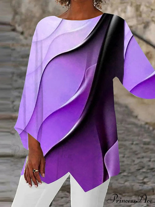 Casual Round Design Women’s Blouse Abstract Blouse Asymmetric Graphic Yellow Long Neck - Arm Basic Pink Purple Purple