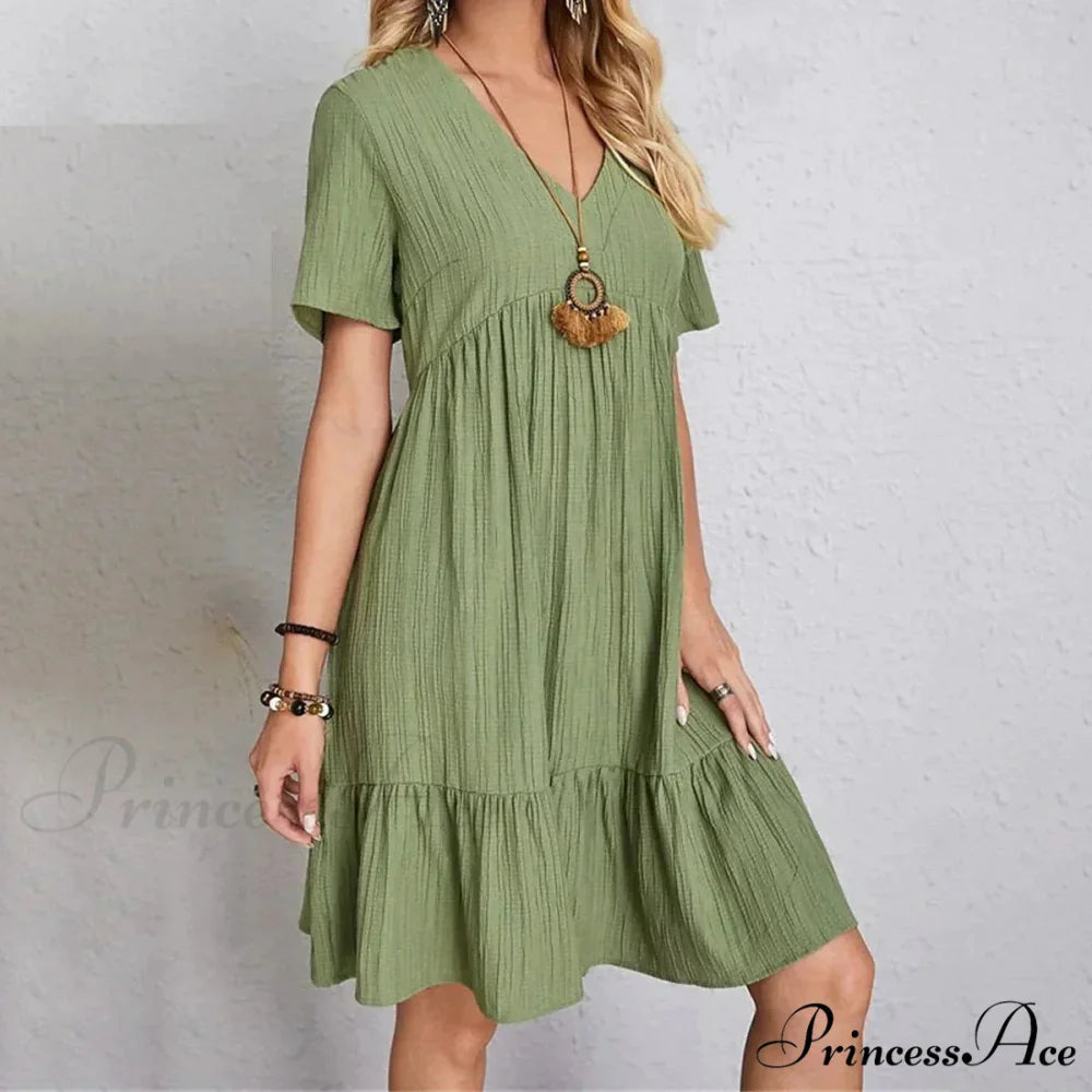 Casual Ruffle V Neck Midi Shift Dress for Women Green / S