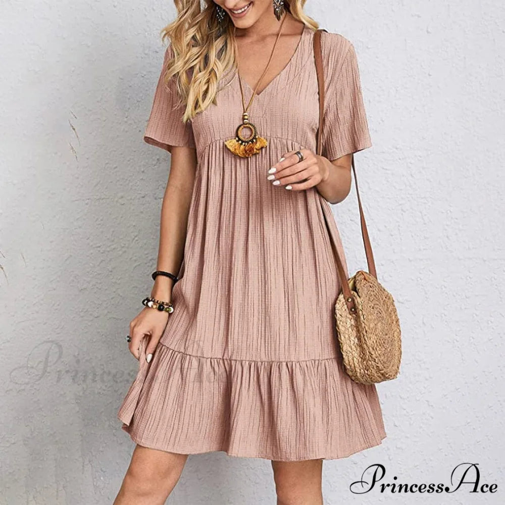 Casual Ruffle V Neck Midi Shift Dress for Women Pink / S