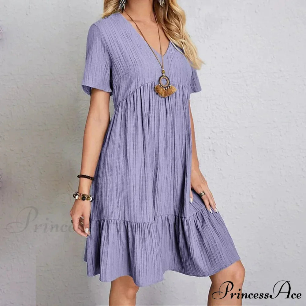Casual Ruffle V Neck Midi Shift Dress for Women Purple / S