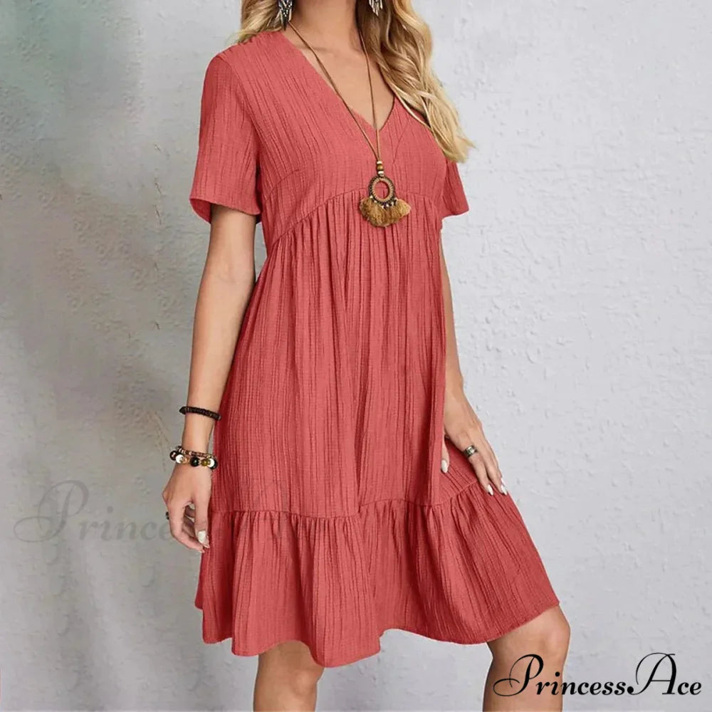 Casual Ruffle V Neck Midi Shift Dress for Women Red / S