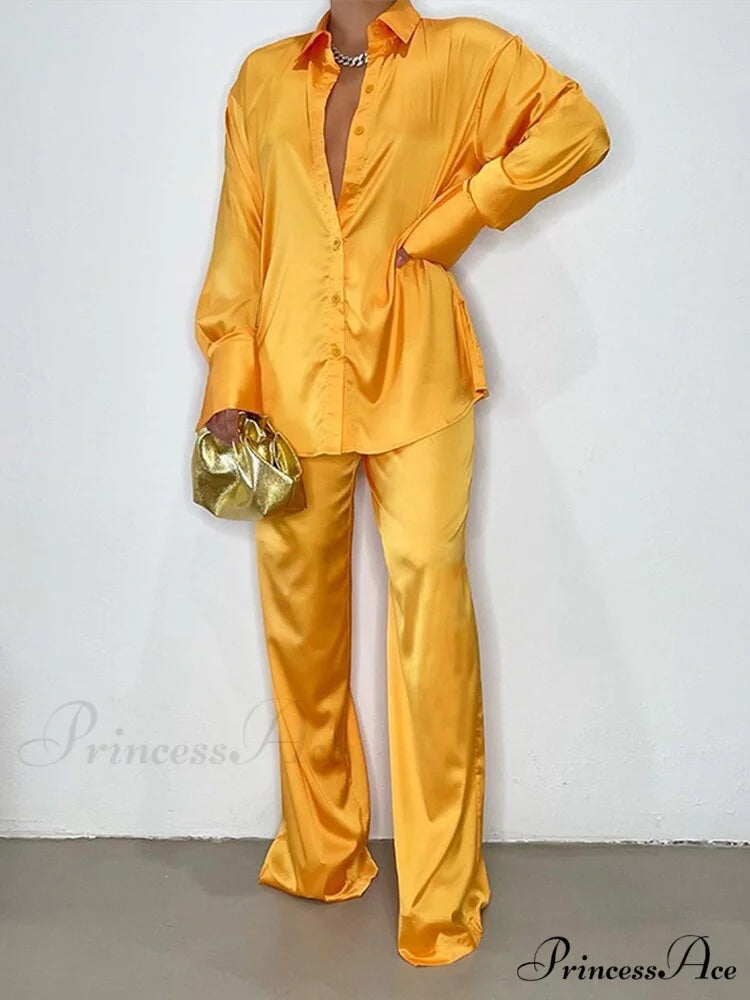Casual - Set Elegant Women’s Long and with Outfit Wide Solid Two Piece Arm Blouse Leg Loose Satin Pants