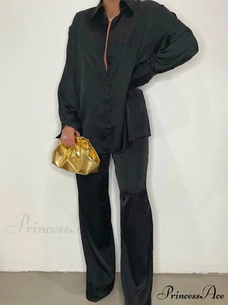 Casual - Set Elegant Women’s Long and with Outfit Wide Solid Two Piece Arm Blouse Leg Loose Satin Pants Black-02 / S