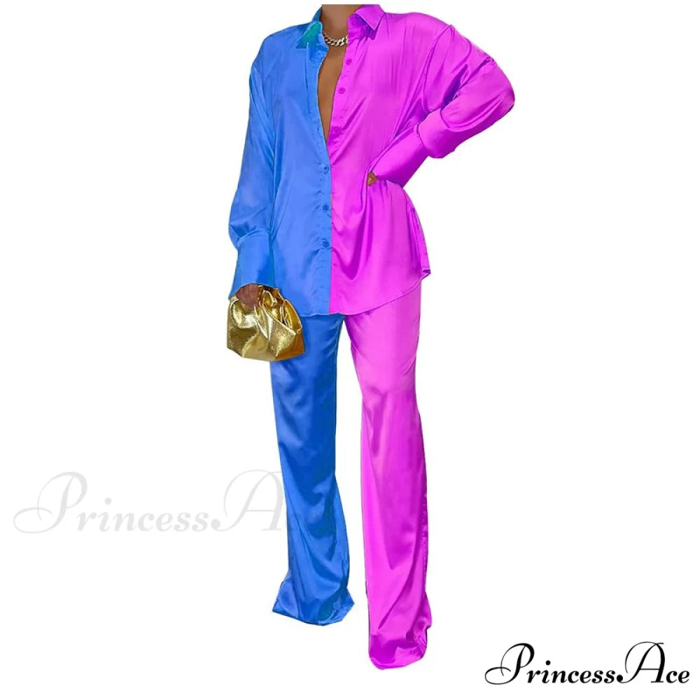 Casual - Set Elegant Women’s Long and with Outfit Wide Solid Two Piece Arm Blouse Leg Loose Satin Pants Blue Purple / S