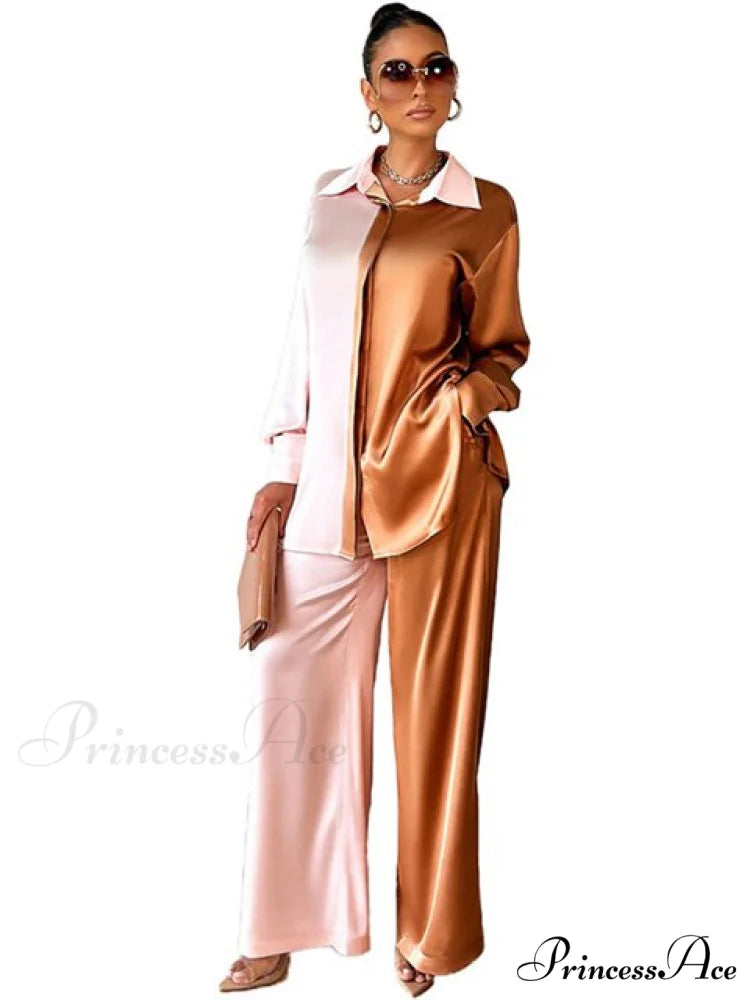 Casual - Set Elegant Women’s Long and with Outfit Wide Solid Two Piece Arm Blouse Leg Loose Satin Pants Burgundy / S