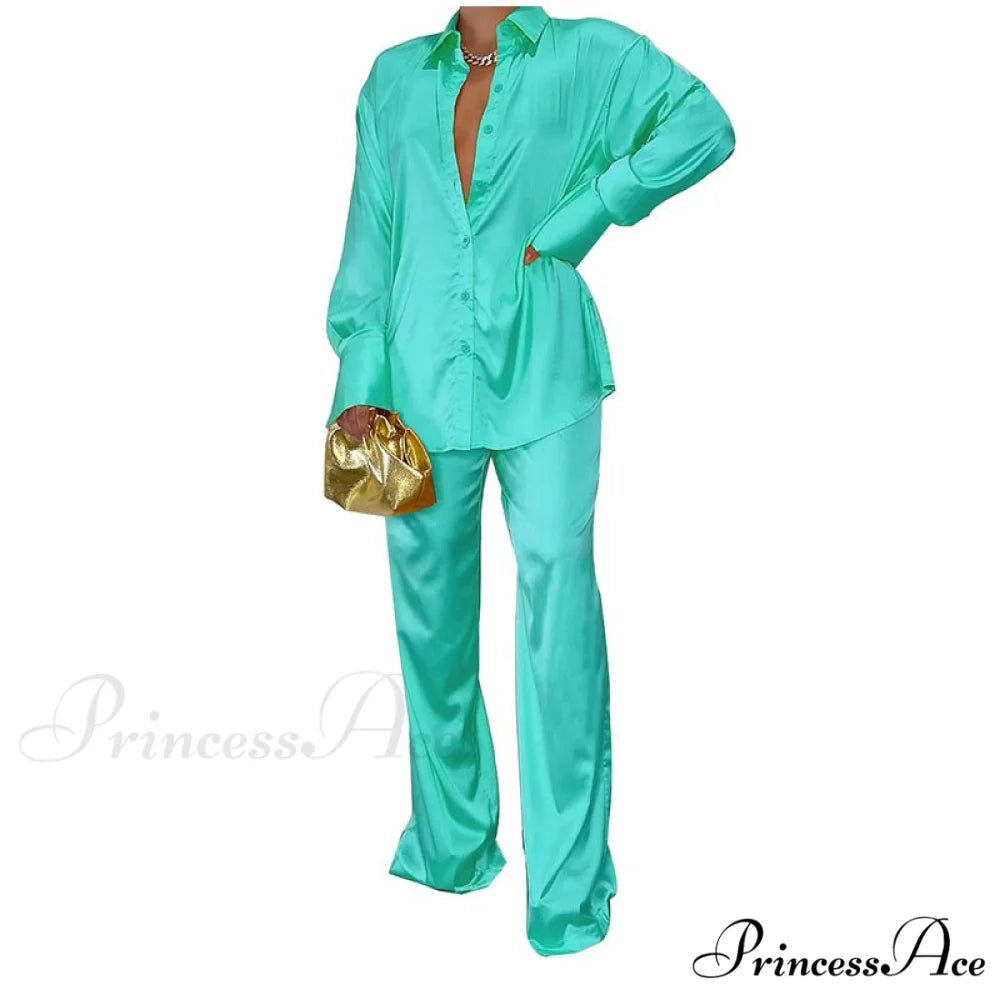 Casual - Set Elegant Women’s Long and with Outfit Wide Solid Two Piece Arm Blouse Leg Loose Satin Pants Cyan / S