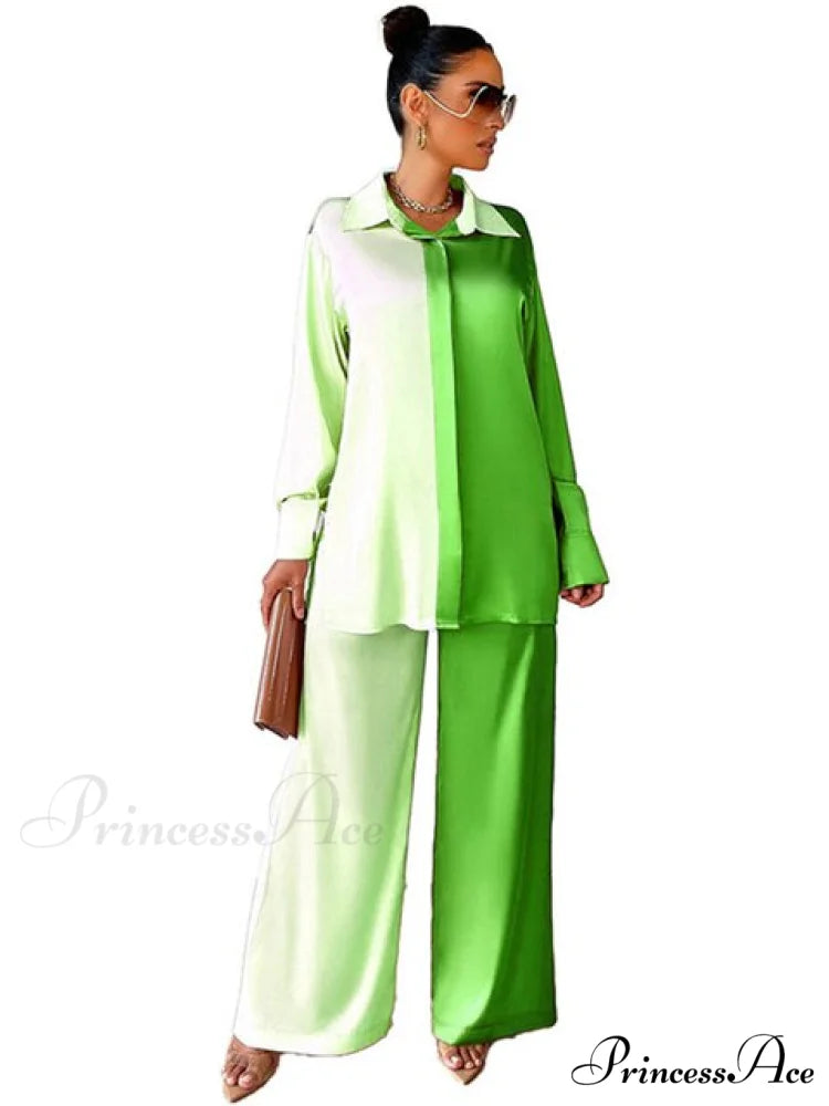 Casual - Set Elegant Women’s Long and with Outfit Wide Solid Two Piece Arm Blouse Leg Loose Satin Pants Dark Grey / S