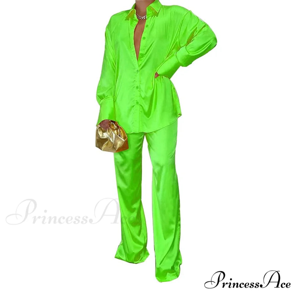 Casual - Set Elegant Women’s Long and with Outfit Wide Solid Two Piece Arm Blouse Leg Loose Satin Pants Green-02 / S