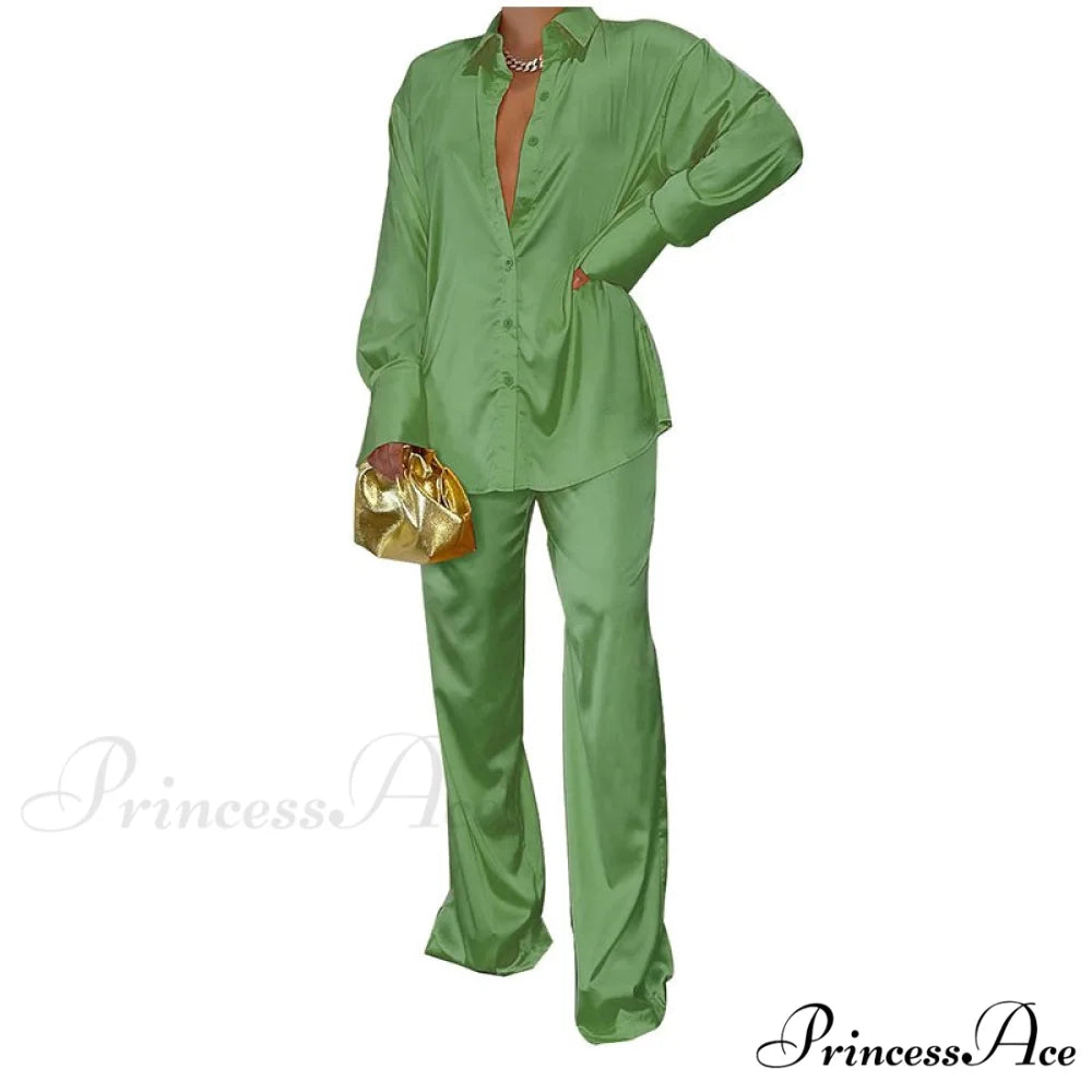 Casual - Set Elegant Women’s Long and with Outfit Wide Solid Two Piece Arm Blouse Leg Loose Satin Pants Grey Green / S