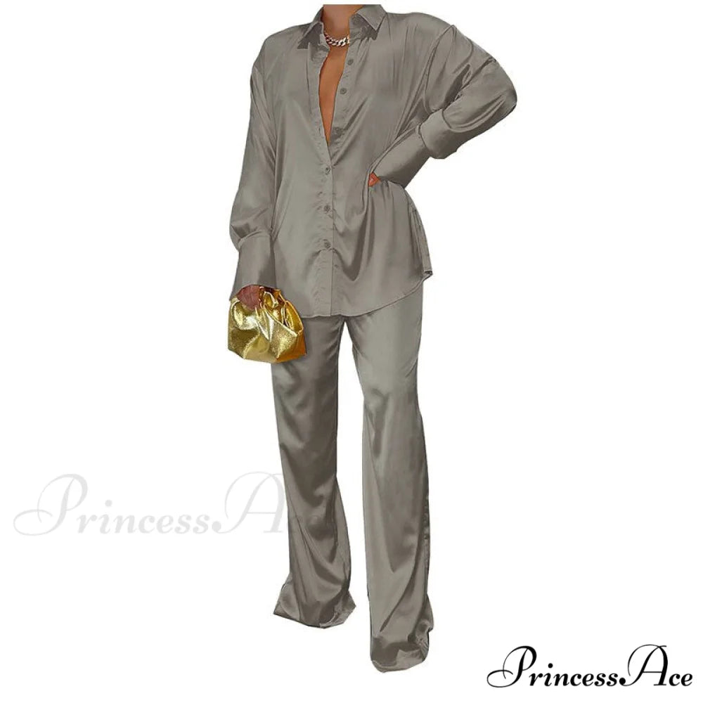 Casual - Set Elegant Women’s Long and with Outfit Wide Solid Two Piece Arm Blouse Leg Loose Satin Pants Grey / S
