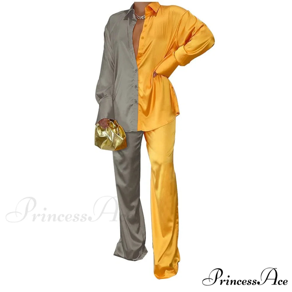 Casual - Set Elegant Women’s Long and with Outfit Wide Solid Two Piece Arm Blouse Leg Loose Satin Pants Grey Yellow / S