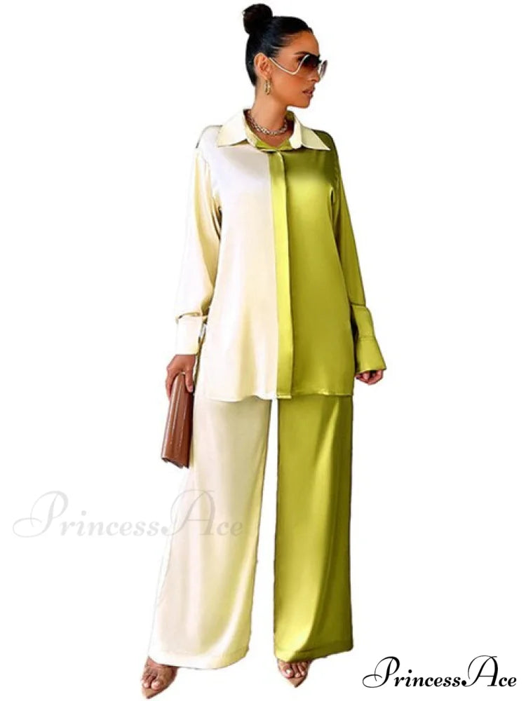 Casual - Set Elegant Women’s Long and with Outfit Wide Solid Two Piece Arm Blouse Leg Loose Satin Pants Multi / S