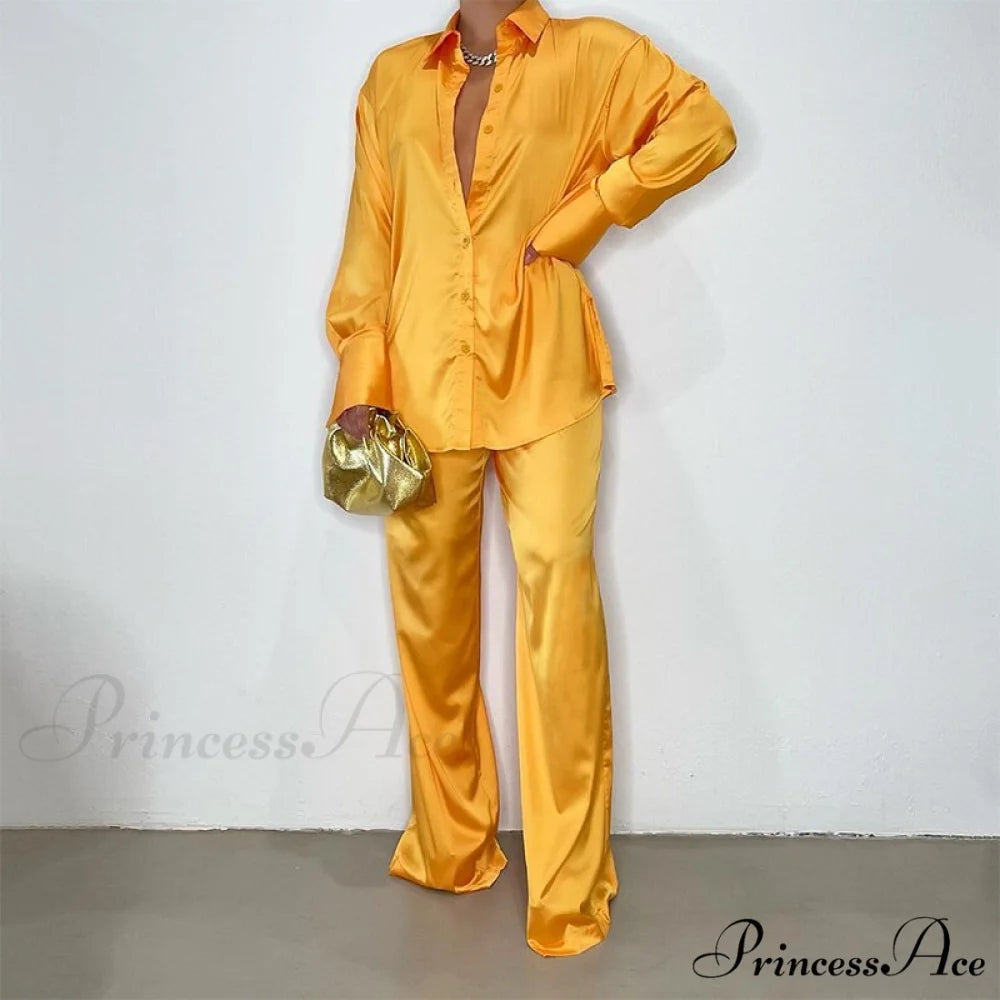 Casual - Set Elegant Women’s Long and with Outfit Wide Solid Two Piece Arm Blouse Leg Loose Satin Pants Orange-02 / S