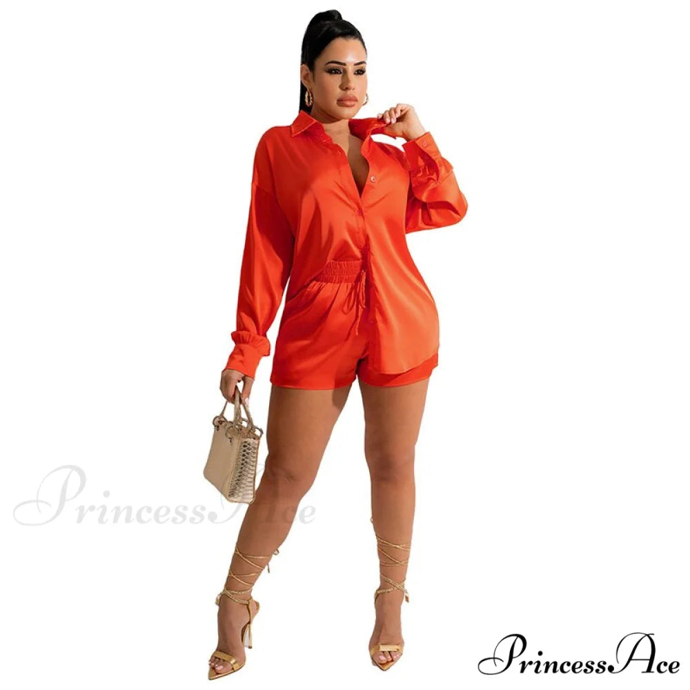 Casual - Set Elegant Women’s Long and with Outfit Wide Solid Two Piece Arm Blouse Leg Loose Satin Pants Orange / S