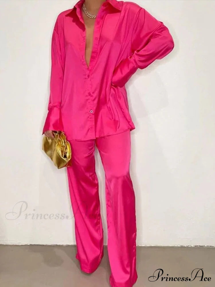 Casual - Set Elegant Women’s Long and with Outfit Wide Solid Two Piece Arm Blouse Leg Loose Satin Pants Rose Red / S