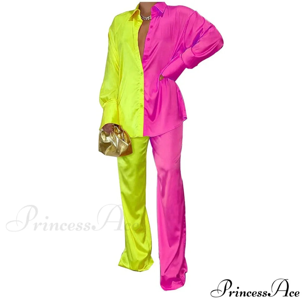 Casual - Set Elegant Women’s Long and with Outfit Wide Solid Two Piece Arm Blouse Leg Loose Satin Pants Yellow Red / S