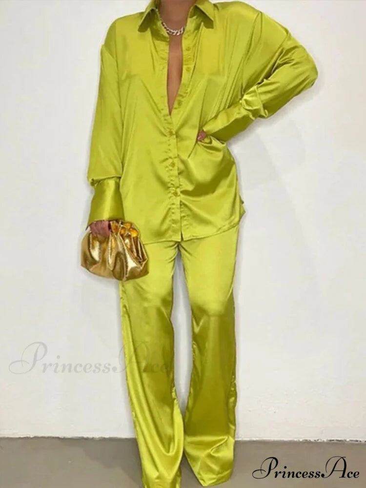 Casual - Set Elegant Women’s Long and with Outfit Wide Solid Two Piece Arm Blouse Leg Loose Satin Pants Yellow / S