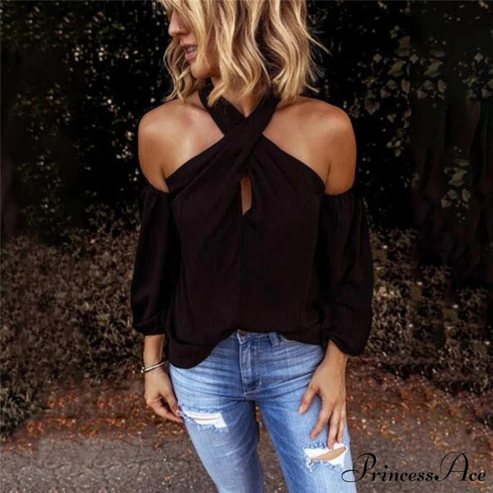 Casual Sexy Solid Color Halter Neck Strapless T-Shirt black / S