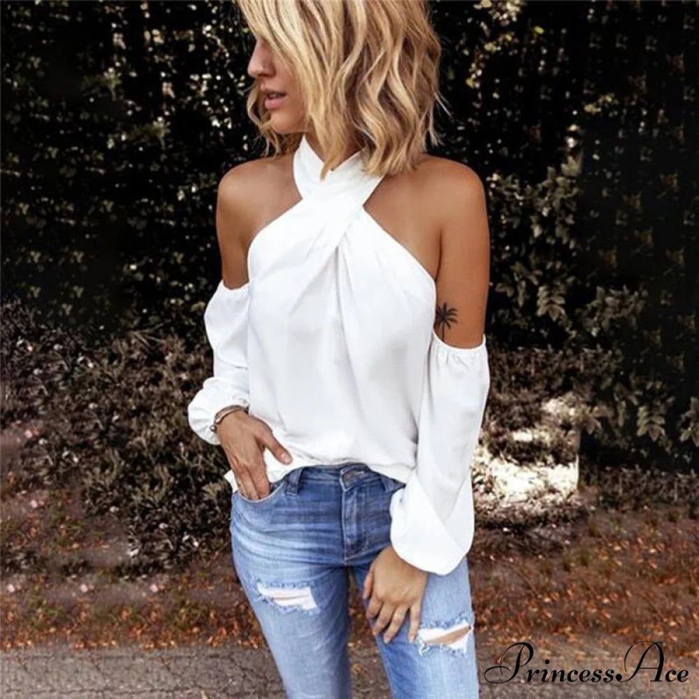 Casual Sexy Solid Color Halter Neck Strapless T-Shirt white / S