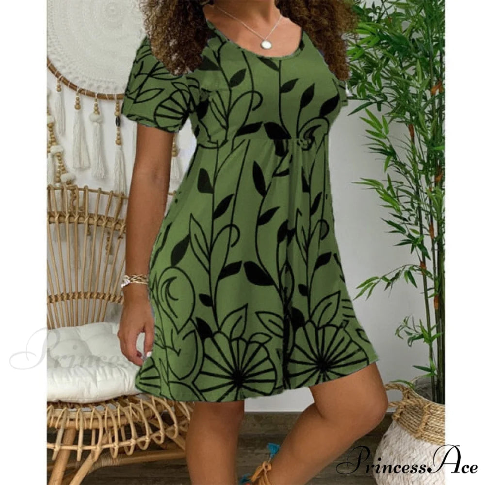 Casual Short Sleeve O-Neck Print A-line Dress Army Green / S