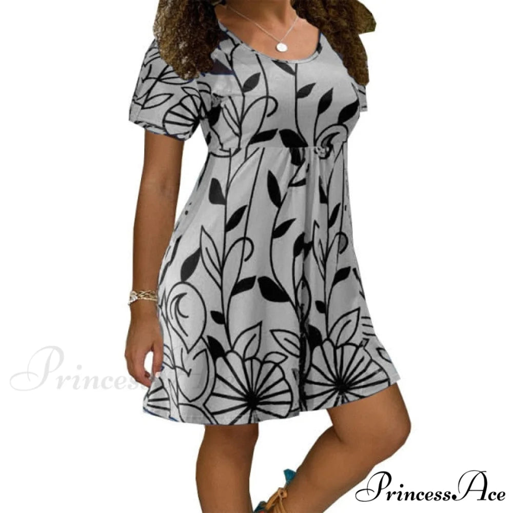 Casual Short Sleeve O-Neck Print A-line Dress Gray / S