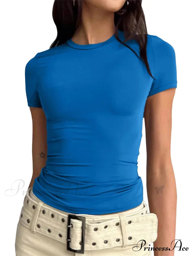 Casual Short Sleeve Solid Color Slim Fit Pullovers T-shirts DARK BLUE / S