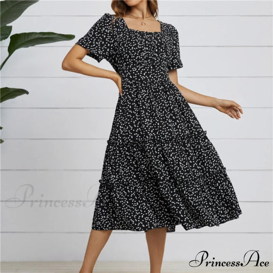 Casual Short Sleeve Square Collar Ruffles Chiffon Dress black / S