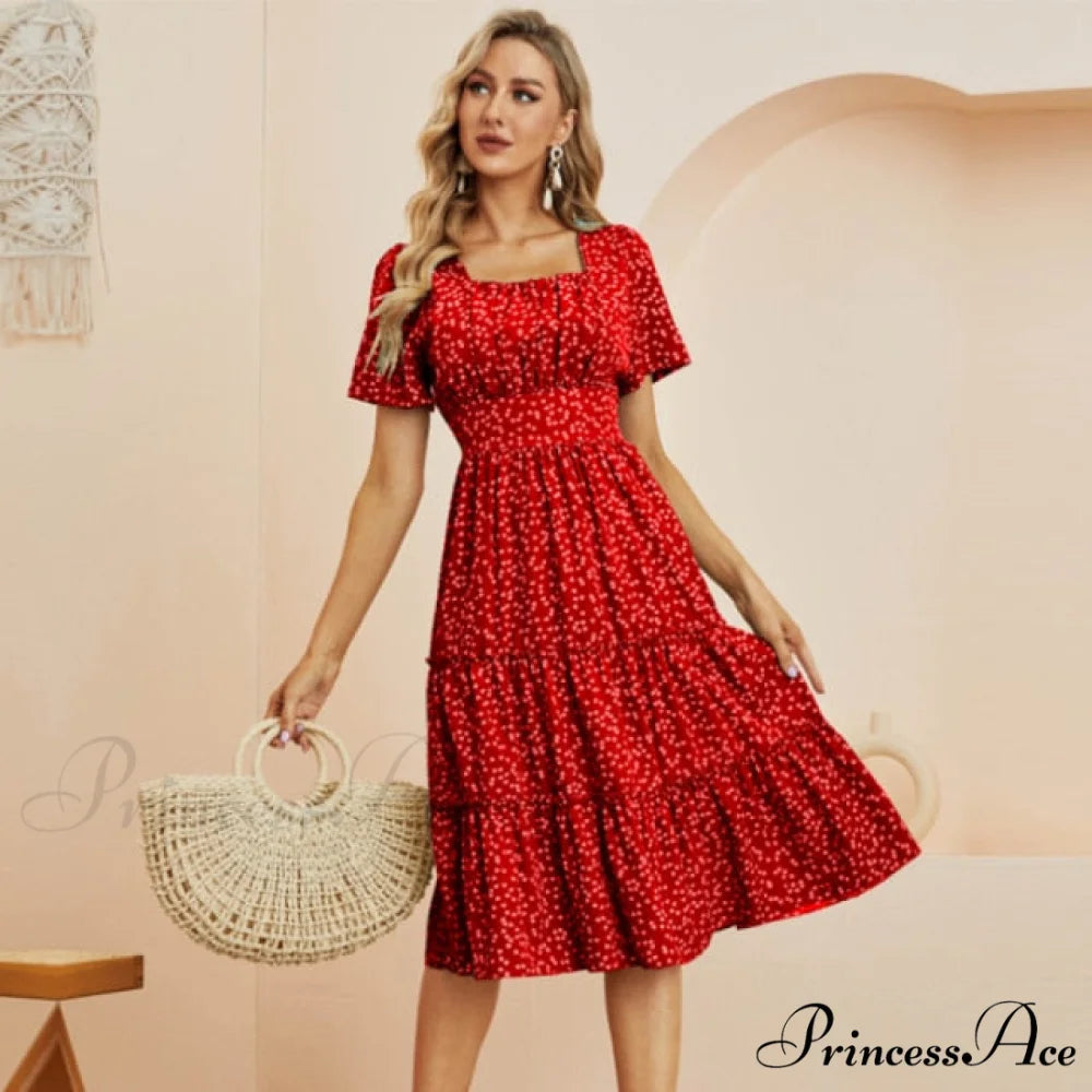 Casual Short Sleeve Square Collar Ruffles Chiffon Dress Red / S