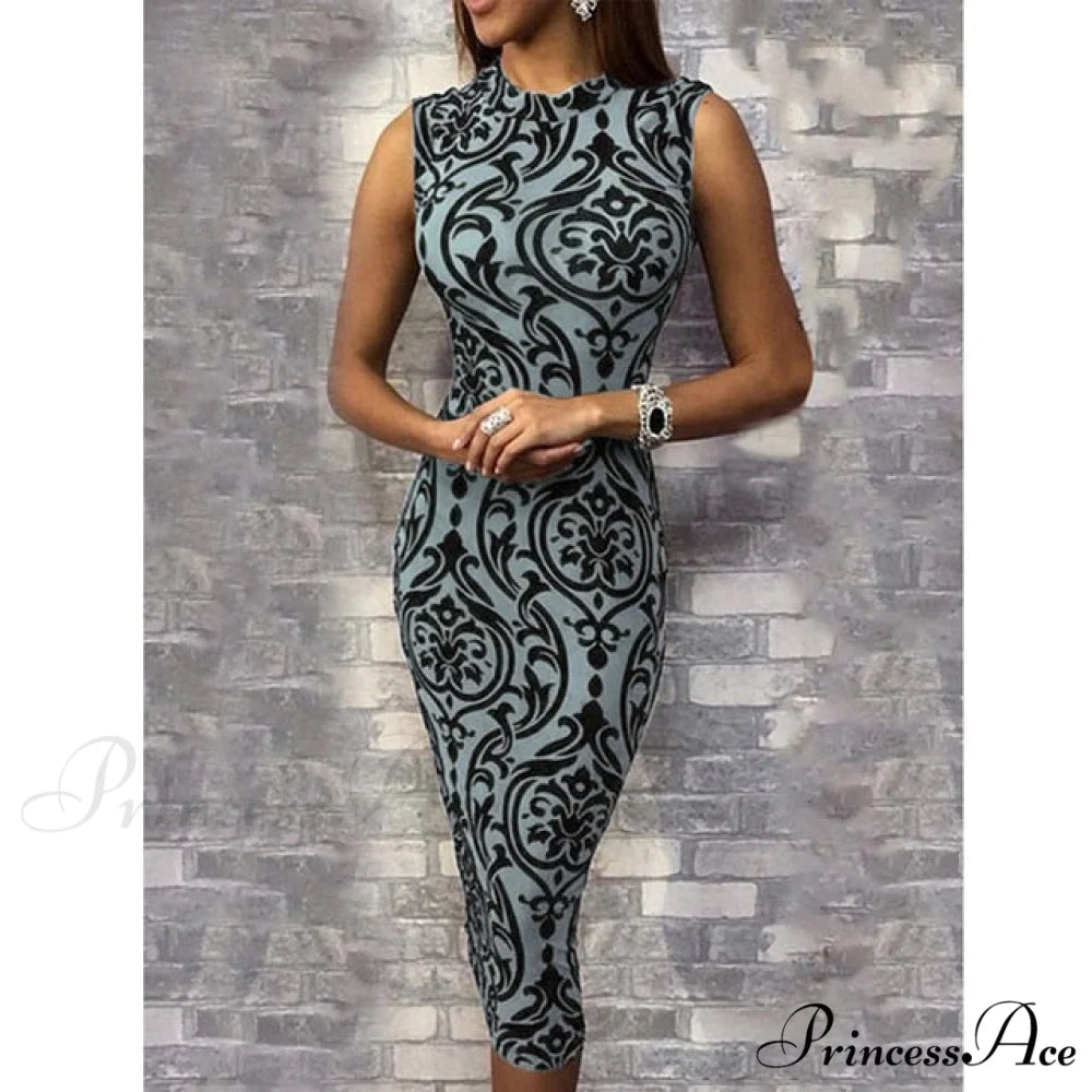 Casual Sleeveless O Neck Bodycon Dress Blue / S