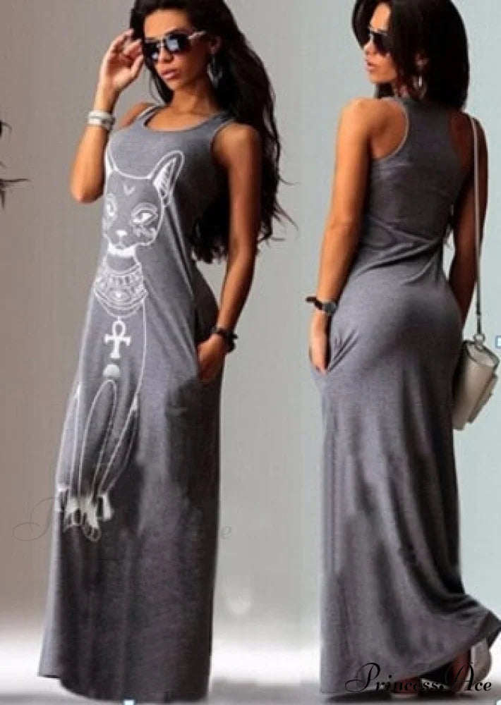 Casual Sleeveless O Neck Bodycon Dress gray / S