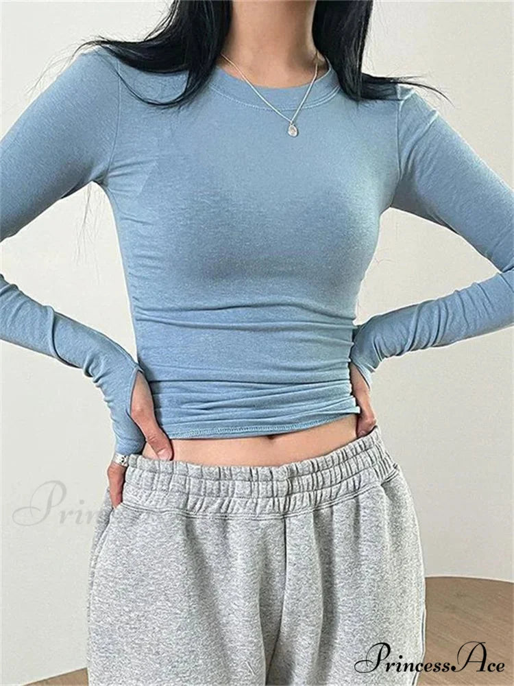 Casual Slim Fit Long Sleeve O-Neck Tops Spring Fall T-shirts BLUE / S