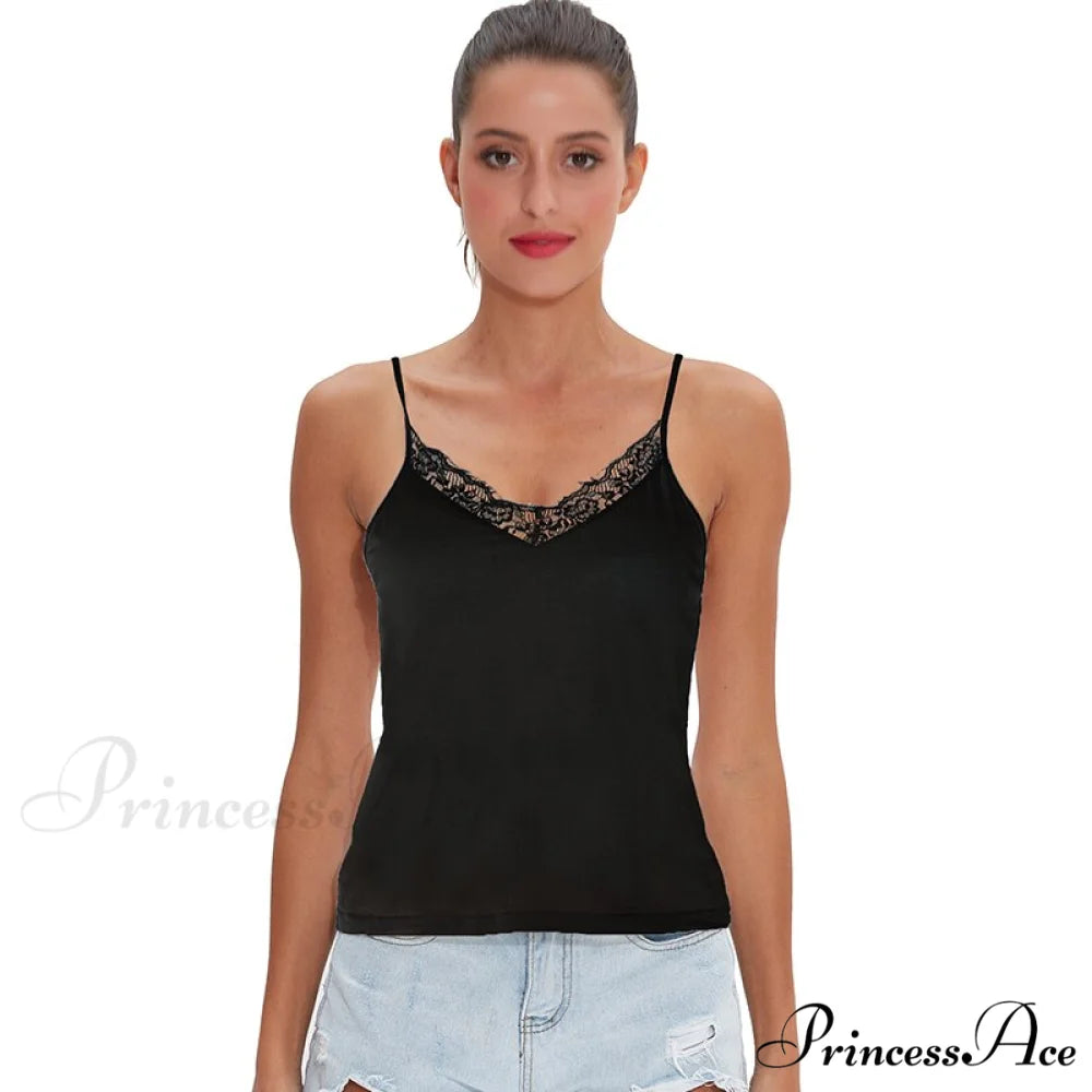 Casual Soft Elastic Cotton Lace Tank Tops black / S