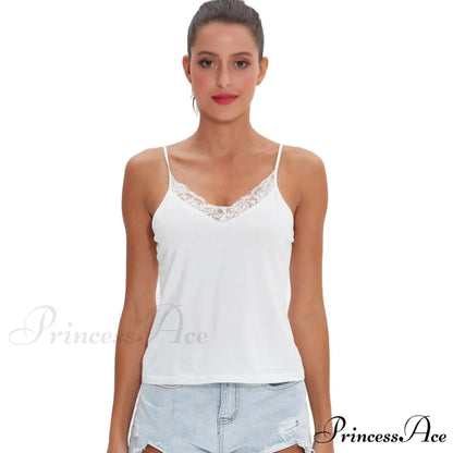 Casual Soft Elastic Cotton Lace Tank Tops white / S