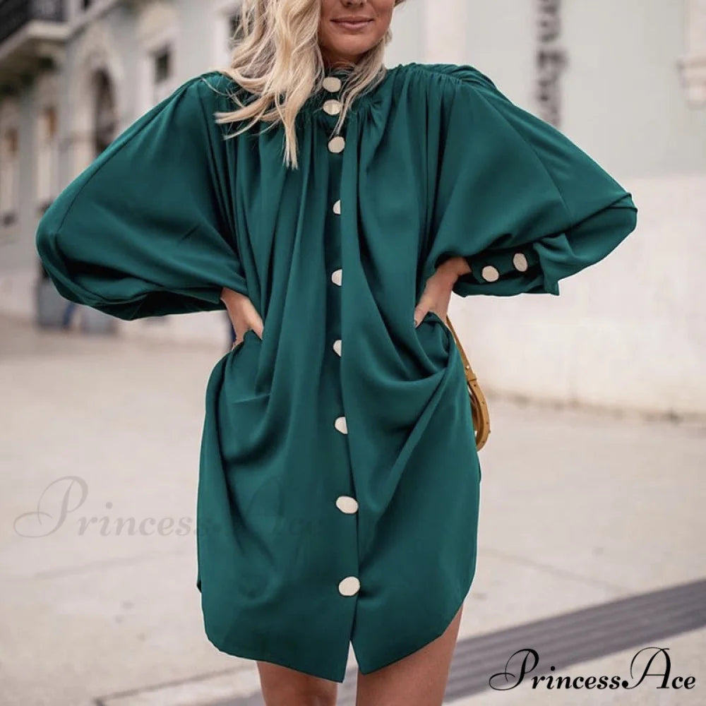 Casual Solid Color Long Sleeve Classic Button Cardigan Elegant Stand Collar Shirt 01 Green / S